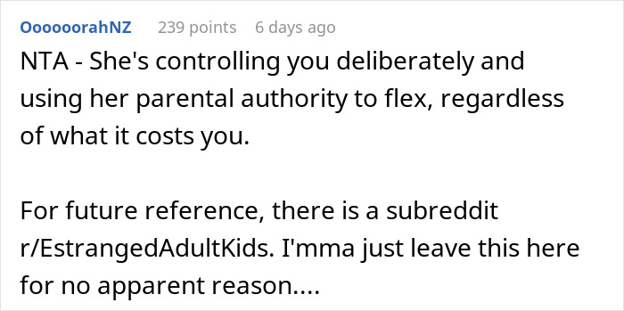 Text comment about parental control and estranged adult kids subreddit related to sweet 16 celebration conflict discussion. Text comment about parental control and estranged adult kids subreddit related to sweet 16 celebration conflict discussion.
