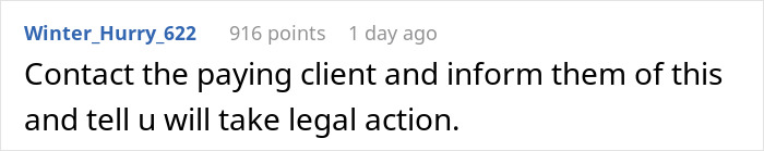 Comment on a screen showing user Winter_Hurry_622 advising to contact a paying client about interview task and legal action. Comment on a screen showing user Winter_Hurry_622 advising to contact a paying client about interview task and legal action.