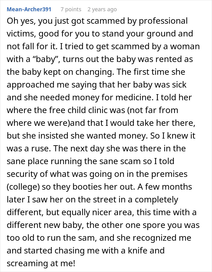 Text post about a woman learning her lesson after almost getting scammed by professional victims at the store. Text post about a woman learning her lesson after almost getting scammed by professional victims at the store.