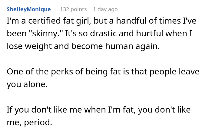 Screenshot of a social media comment reflecting on changes after losing pretty privilege and personal experiences with weight.