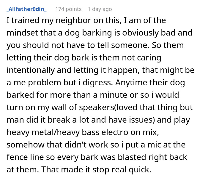 Homeowner trains inconsiderate neighbor on proper dog owner etiquette using sound to stop excessive dog barking.