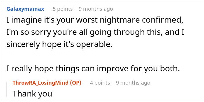 Reddit conversation showing support for a man&rsquo;s pregnancy assumptions leading to a heartbreaking cancer diagnosis.