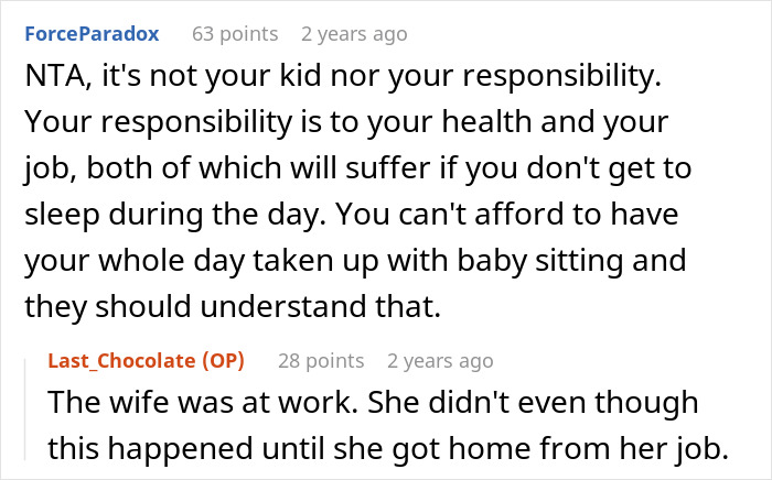 Screenshot of online forum discussion about man refusing to babysit roommate&rsquo;s kid after a night shift due to health concerns.