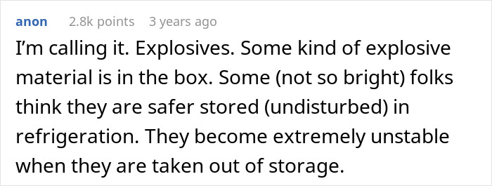 Commenter speculating about explosive material in a box, linking to husband bringing olives and guarding them intensely.