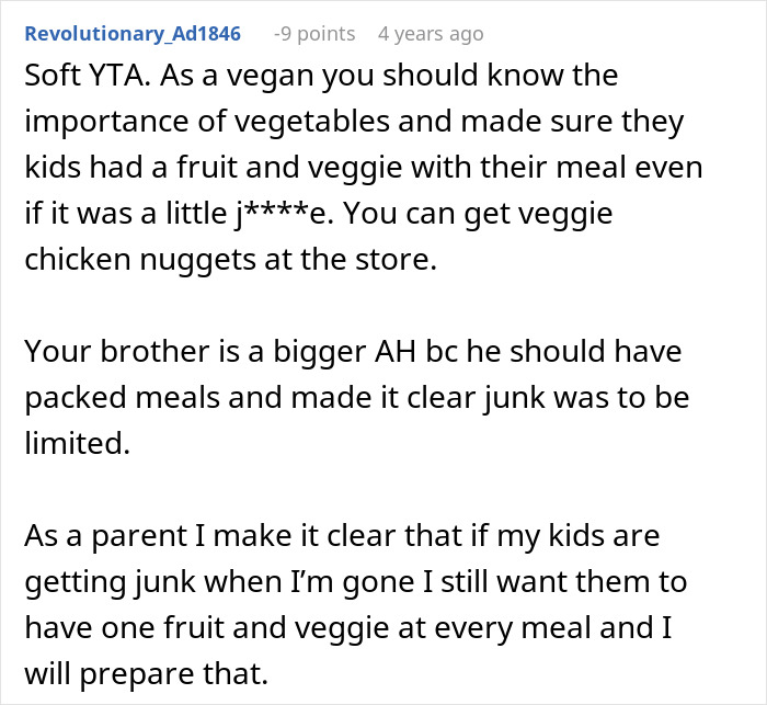 Comment discussing feeding nieces junk food for three days and the importance of balancing meals with fruits and vegetables.