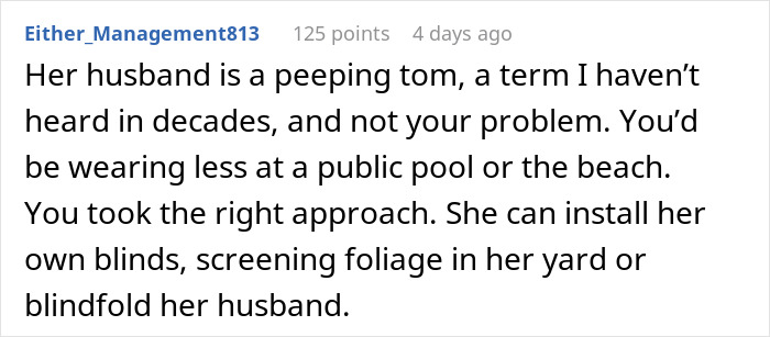 Comment about neighbor complaining over woman’s outfit because her husband keeps staring at her, discussing personal boundaries. Comment about neighbor complaining over woman’s outfit because her husband keeps staring at her, discussing personal boundaries.