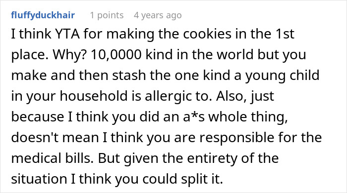 Comment discussing responsibility for medical bills after roommate's son had an allergic reaction in a shared household.