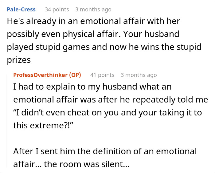 Reddit comments discussing emotional affairs and gaslighting in a failed marriage involving a pregnant wife.