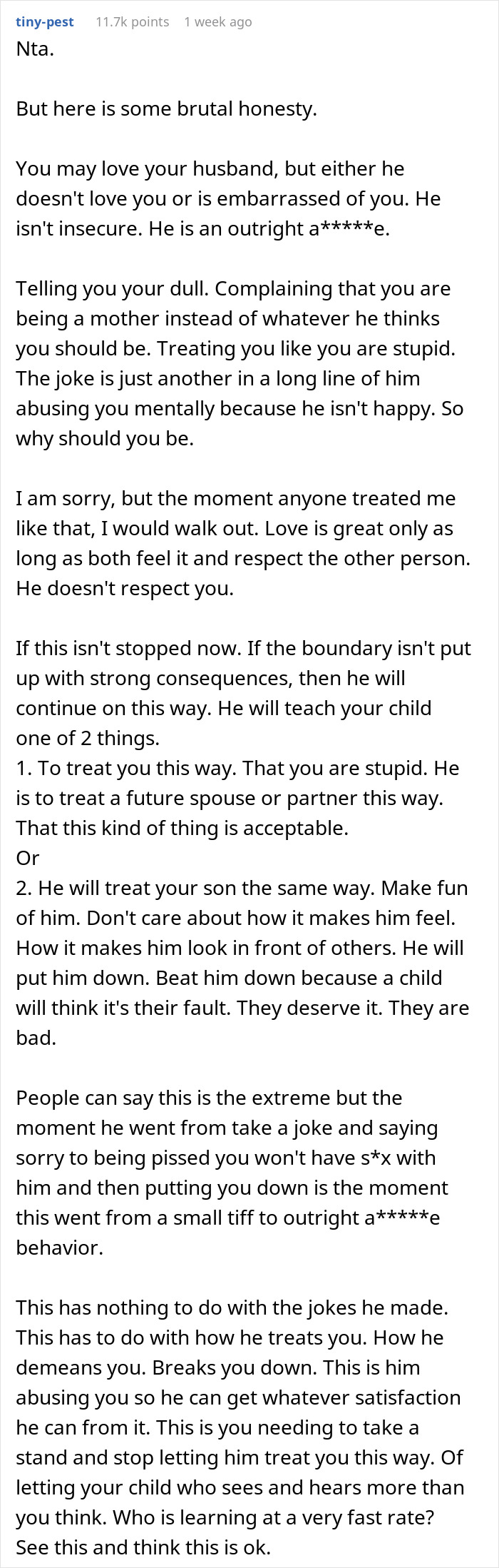 Reddit comment discussing a man undermining his wife&rsquo;s job and the impact of disrespect in relationships.