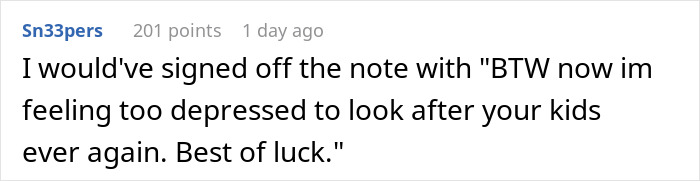 Screenshot of a Reddit comment discussing feeling too depressed to babysit and expressing emotional boundaries clearly.