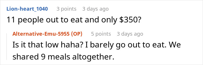 Screenshot of a forum discussion where a person discovers they are treating the table and refuses to pay after dinner.