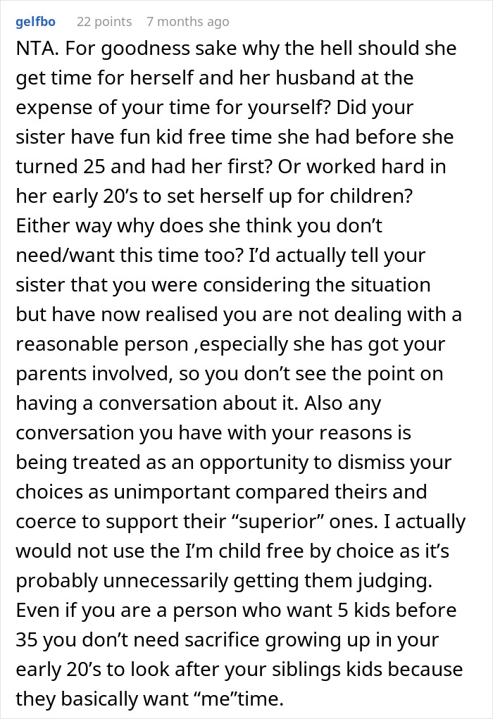 Screenshot of a Reddit comment discussing boundaries of a childfree brother asked to babysit three kids every weekend.