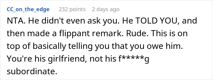 Screenshot of a social media comment discussing refusing to babysit boyfriend’s niece during vacation. Screenshot of a social media comment discussing refusing to babysit boyfriend’s niece during vacation.