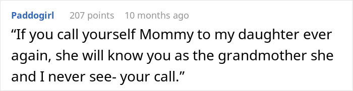 Comment text about someone calling herself mommy to another's daughter, highlighting family and parental boundaries.