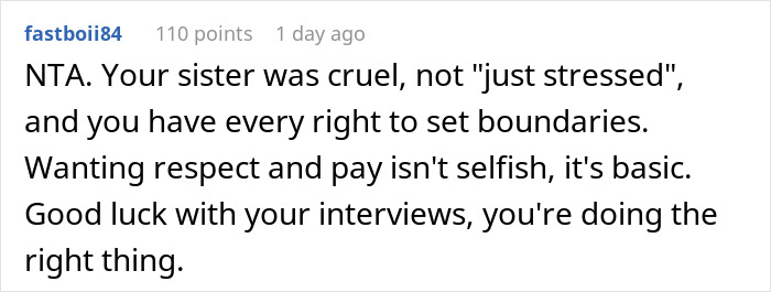 Screenshot of a Reddit comment discussing setting boundaries and asking to be paid for babysitting niece and nephew.