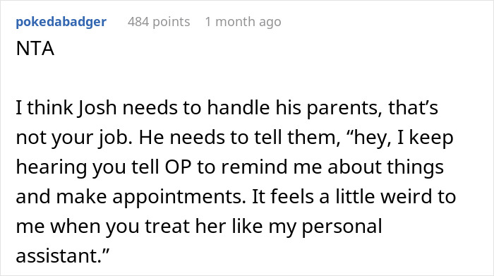 Screenshot of a Reddit comment discussing helicopter parents treating 29-year-old son&rsquo;s girlfriend like a nanny and daily planner.