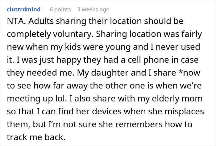 Comment discussing phone tracking and location sharing consent between adults and family members on social media platform.