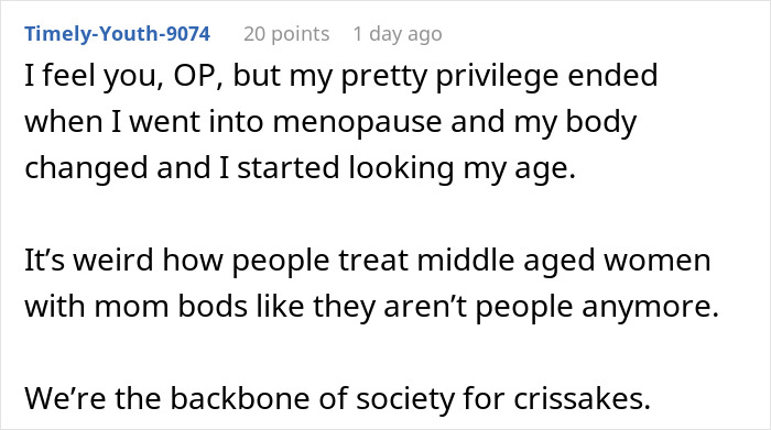 Screenshot of a forum post discussing how losing pretty privilege after menopause changed perceptions of middle-aged women.
