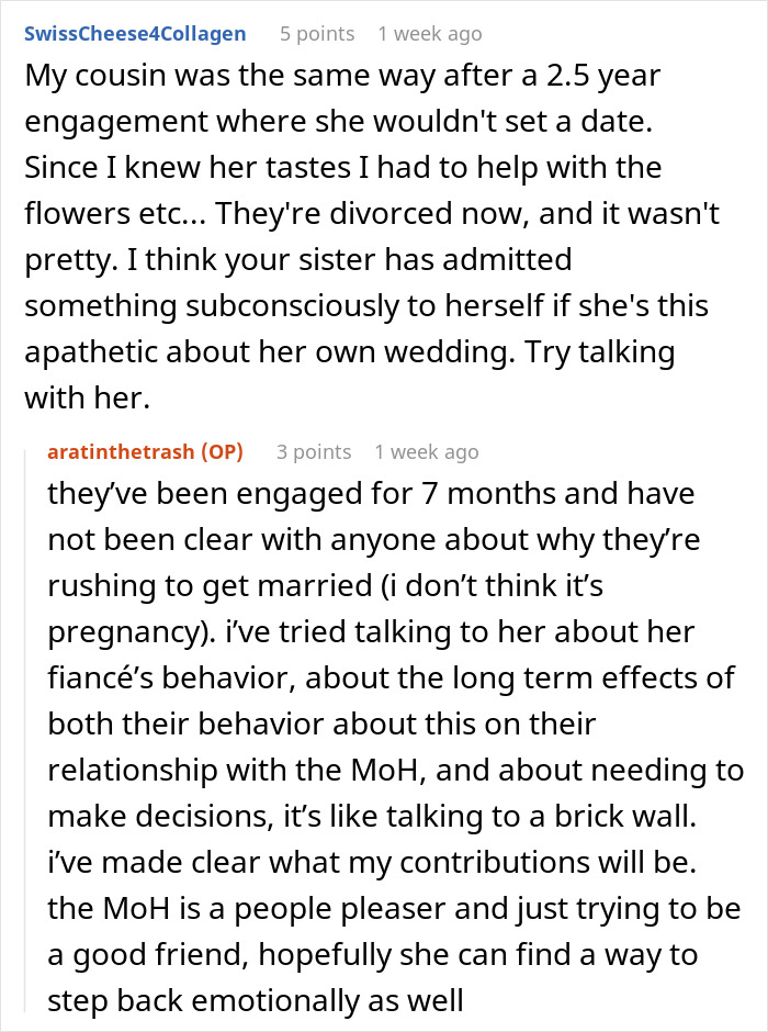 Conversation discussing couple issues and wedding planning conflicts involving the maid of honor and bride’s relationship dynamics. Conversation discussing couple issues and wedding planning conflicts involving the maid of honor and bride’s relationship dynamics.