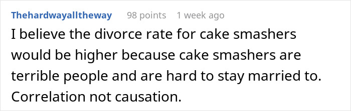 Comment discussing higher divorce rates for cake smashers, linking behavior to relationship difficulties. Comment discussing higher divorce rates for cake smashers, linking behavior to relationship difficulties.