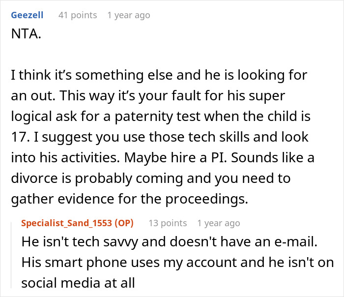 Comments discussing a woman planning to end her marriage after husband demands paternity test for their teen son. Comments discussing a woman planning to end her marriage after husband demands paternity test for their teen son.