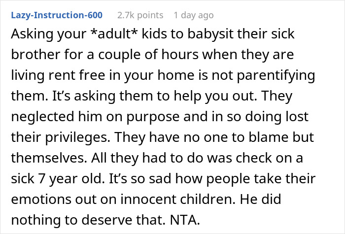 Comment discussing mom blowing up at daughters for neglecting their sick half-brother and calling them pathetic for their actions.