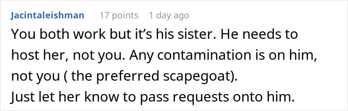 Comment from user Jacintaleishman advising that the brother should host his highly sensitive sister to avoid conflict. Comment from user Jacintaleishman advising that the brother should host his highly sensitive sister to avoid conflict.