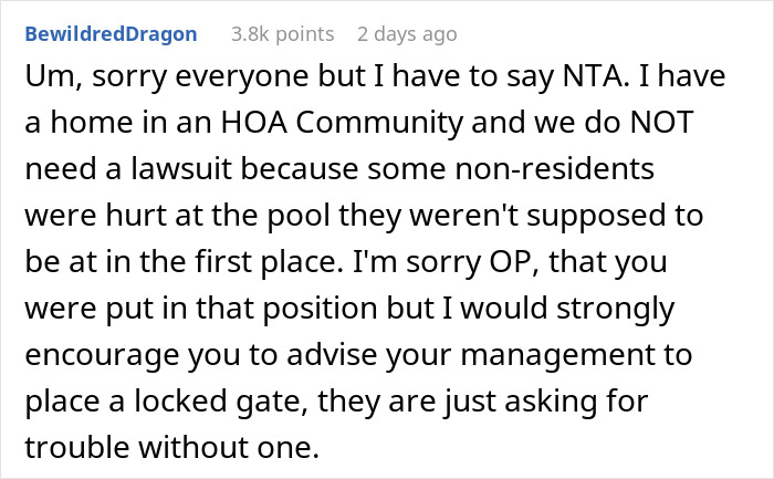 Comment about non-resident family not allowed at condo pool, causing upset as kids leave crying after confrontation.