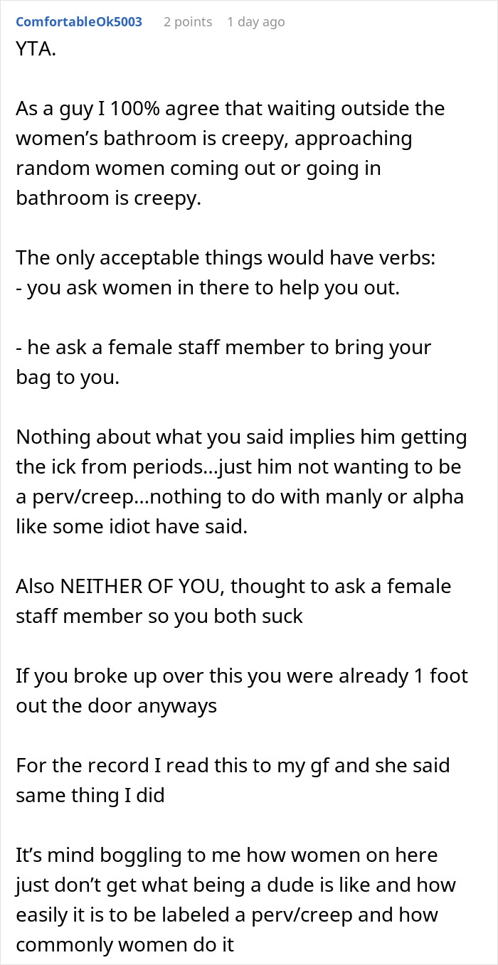 Reddit comment discussing breakup over refusal to hand period pad and tissues, sharing perspectives on behavior and relationships. Reddit comment discussing breakup over refusal to hand period pad and tissues, sharing perspectives on behavior and relationships.