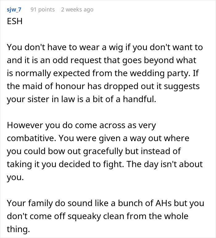 Woman refuses to wear a wig at brother's wedding causing family conflict over wedding day expectations. Woman refuses to wear a wig at brother's wedding causing family conflict over wedding day expectations.