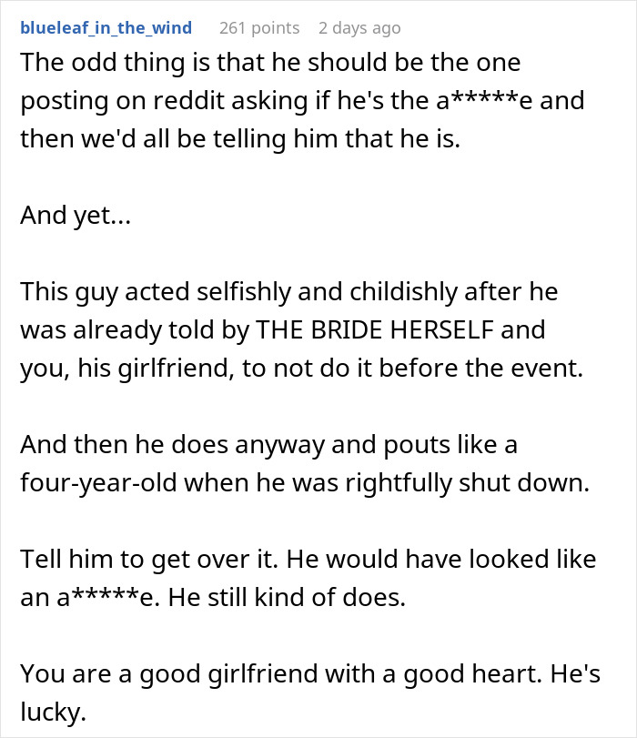 Reddit comment discussing stopping boyfriend's proposal at best friend's wedding and relationship advice.