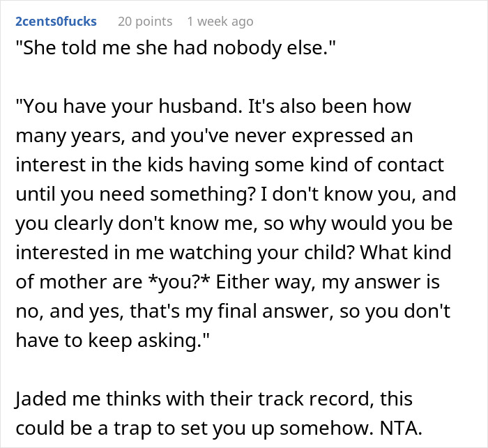 Comment discussion about a woman needing a babysitter and refusing husband&rsquo;s ex as an option for childcare.