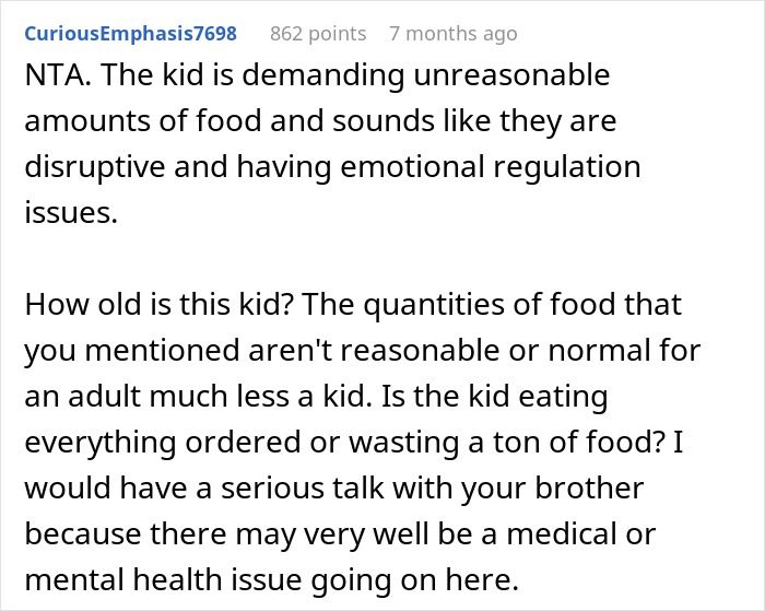 Reddit comment discussing refusal of kid outings due to disruptive behavior and emotional regulation issues.