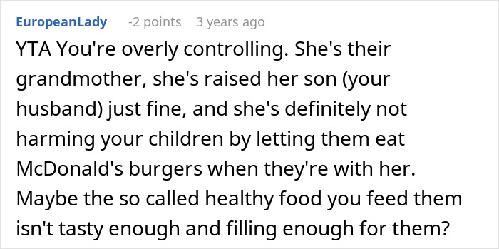 Comment discussing a mom refusing to leave kids with MIL due to concerns about her feeding them fast food frequently.