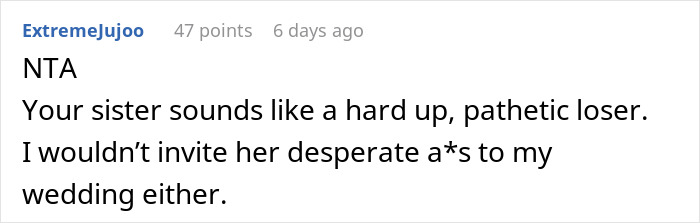 Screenshot of a forum comment discussing a woman making below-the-belt comments about her sister&rsquo;s fianc&eacute; and wedding drama.