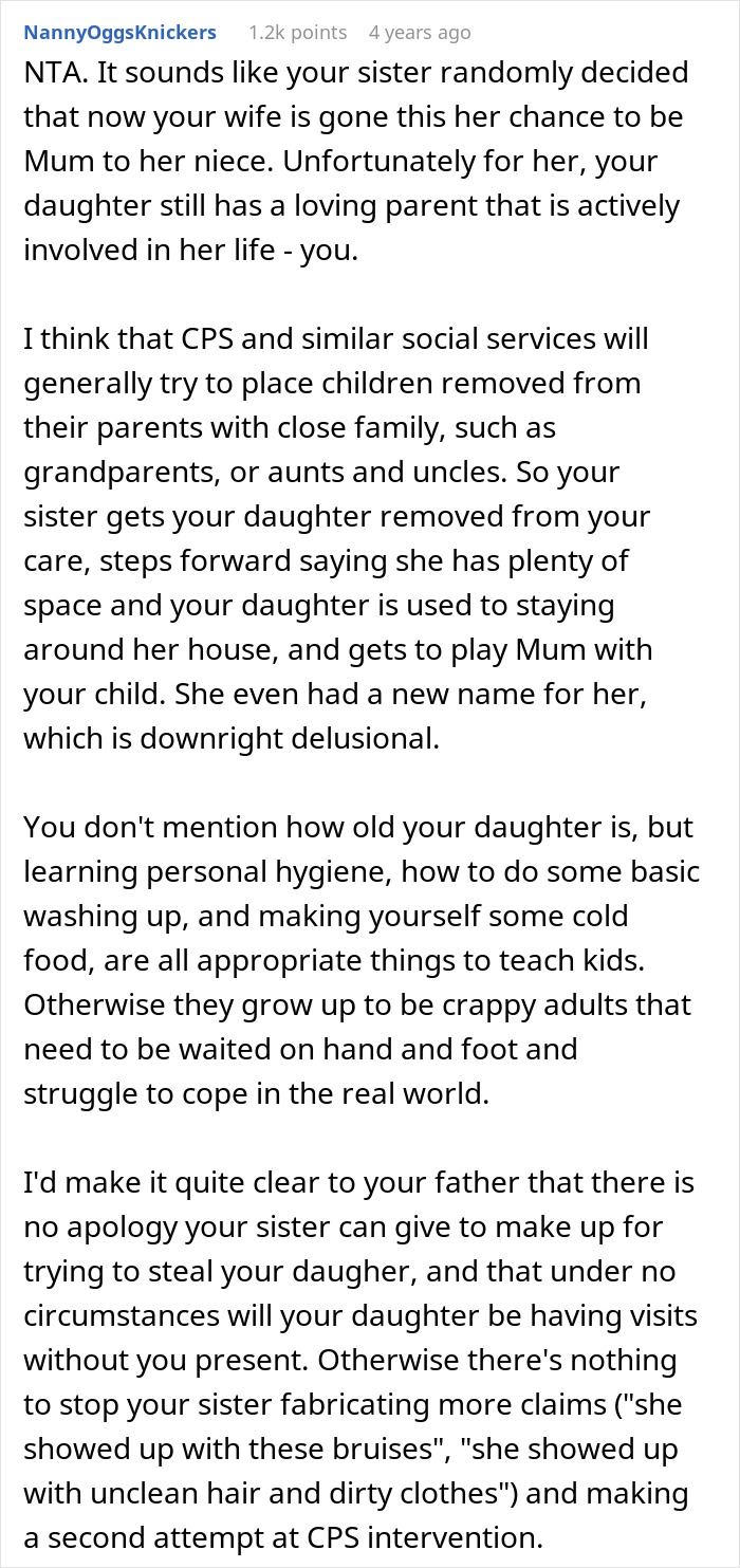 Comment discussing a dad teaching daughter basic tasks after wife&rsquo;s passing amid sister&rsquo;s neglect claims.