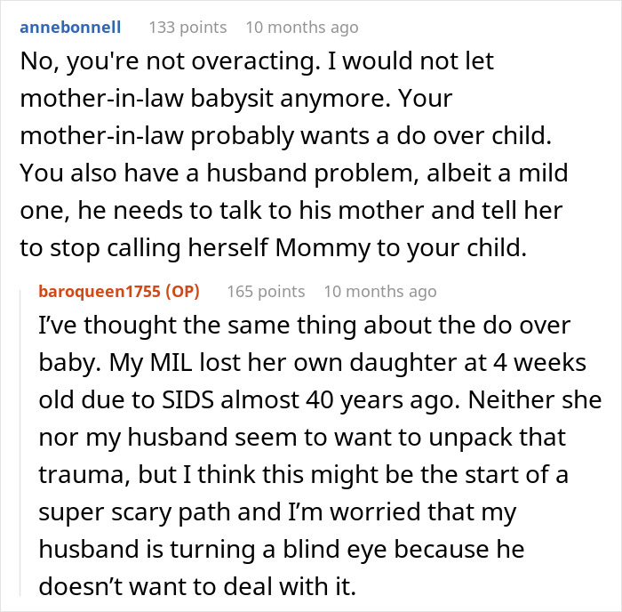Comments discussing a mother-in-law who calls herself mommy to the child causing family tension and unresolved trauma.