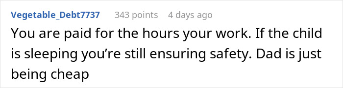 Screenshot of a forum comment discussing babysitter payment issues related to a baby falling asleep during the job.