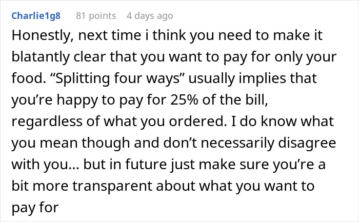 Comment discussing coworkers agreeing to split the bill, but one backs out after dining, creating a payment conflict.