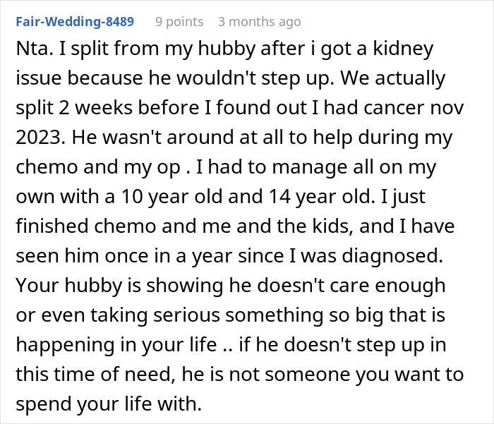 Woman with cancer asks husband to help with chores, but he says she&rsquo;s not doing enough during her treatment.