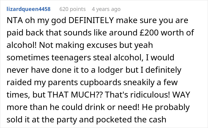 Screenshot of a forum comment discussing a teenager stealing alcohol and a roommate being blamed for tempting the teen. Screenshot of a forum comment discussing a teenager stealing alcohol and a roommate being blamed for tempting the teen.