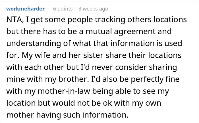 Reddit comment discussing phone tracking and location sharing boundaries between family members and the use of phone tracking.