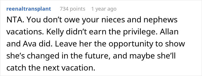 Reddit comment on refusing to take sister&rsquo;s kid on trips, discussing family vacations and fairness in treatment.