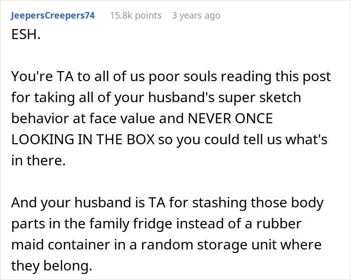 Screenshot of a Reddit comment discussing husband bringing home a box of olives and guarding it like gold.