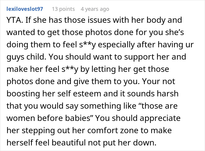 Comment discussing a guy refusing a spicy photoshoot due to wife's 12 extra pounds after pregnancy and body confidence issues. Comment discussing a guy refusing a spicy photoshoot due to wife's 12 extra pounds after pregnancy and body confidence issues.