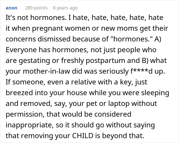 Comment discussing mother-in-law stealing baby at night, describing the incident as seriously inappropriate behavior. Comment discussing mother-in-law stealing baby at night, describing the incident as seriously inappropriate behavior.