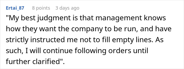 Comment from user explaining management told staff not to fill empty shelves, reflecting on company instructions.