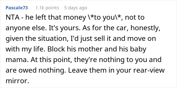 Screenshot of a Reddit comment discussing a woman refusing to give up a life insurance policy and asking ex’s family to refinance a car. Screenshot of a Reddit comment discussing a woman refusing to give up a life insurance policy and asking ex’s family to refinance a car.