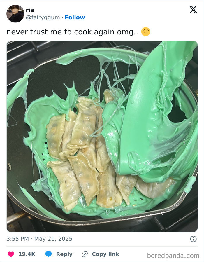 Dumplings stuck in a pan covered with melted green plastic, showing a cooking fail and accident in the kitchen.