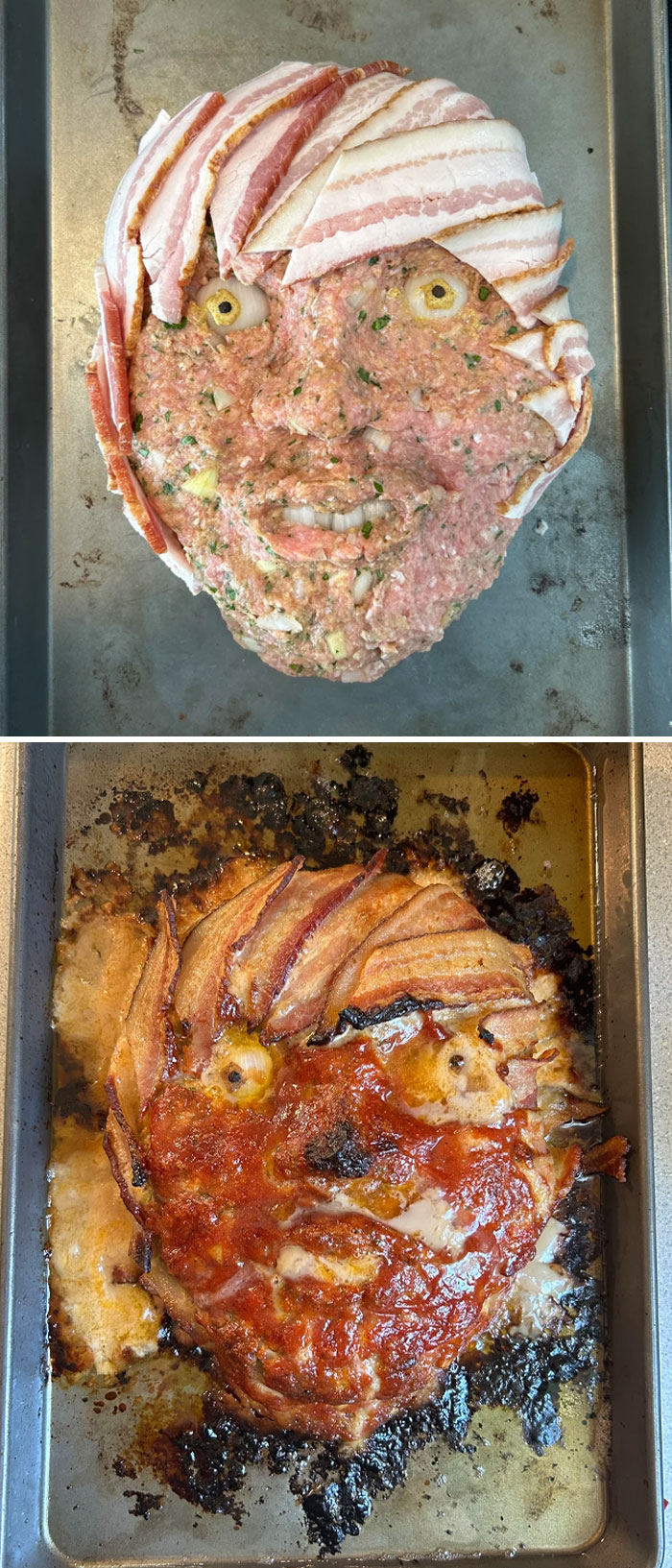 Raw and burnt meatloaf shaped like a face with bacon hair, showcasing a funny cooking fail and accident.